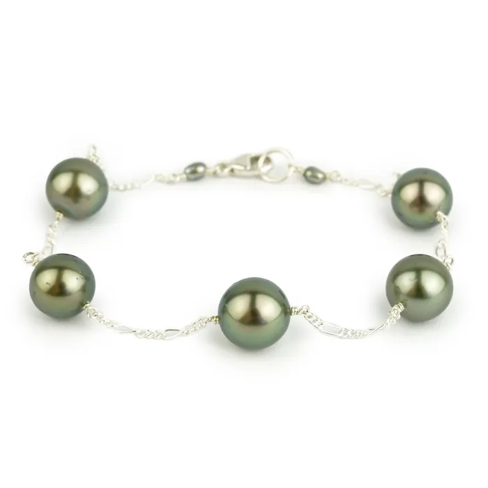Bracelets Kamoka Pearl Golden Green Tahitian Pearl Tin Cup Bracelet on Sterling Silver