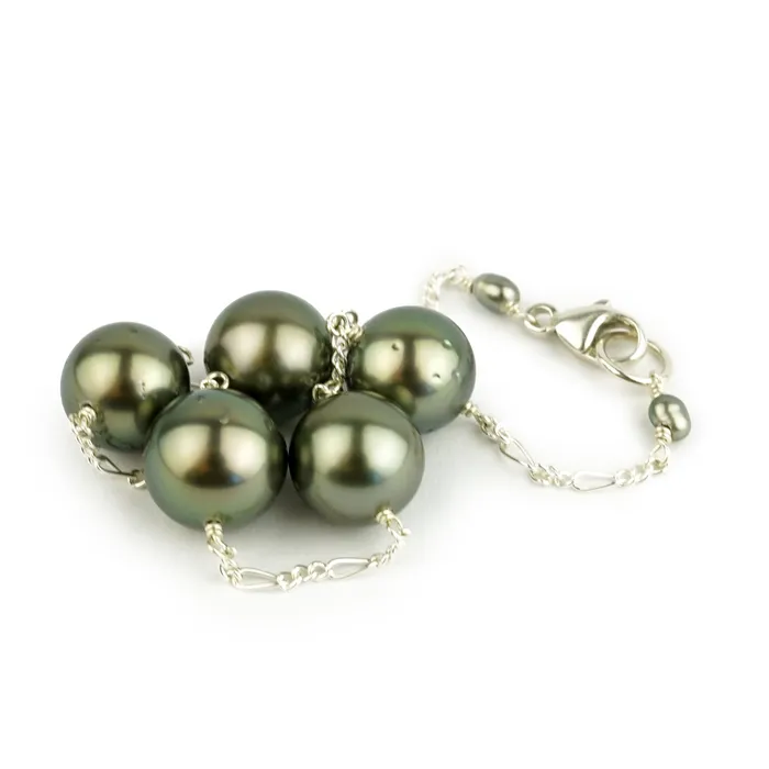 Bracelets Kamoka Pearl Golden Green Tahitian Pearl Tin Cup Bracelet on Sterling Silver