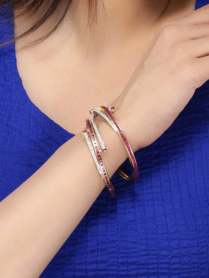 Bracelets Yellow Chimes Elegant Set of 2 Pcs Pink ADAmerican Diamond Studded 18k Gold Plated Handcrafted Ruby Bangles for Women Girls 28 Yellow Chimes