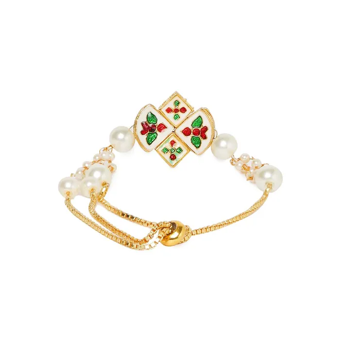 Bracelets Yellow Chimes Yellow Chimes Ethnic Floral Design Gold Plated Handmade Kundan Studded Bandhani Work Bracelet For women Girls