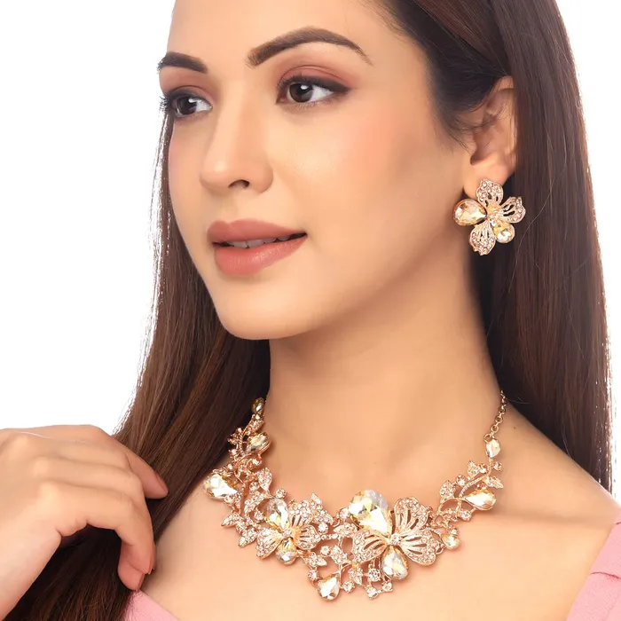 Bracelets Yellow Chimes Yellow Chimes Jewellery Set For Women Rose Gold Plated Floral Designed Crystal Necklace Set For Women and Girls