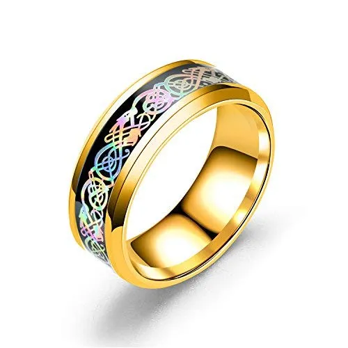 Bracelets Yellow Chimes Yellow Chimes Rings for Men Combo of 2 PCs Dragon Celtic Inlay Shiny Polished Smooth Finised Titanium Steel band Rings for Men and Boys