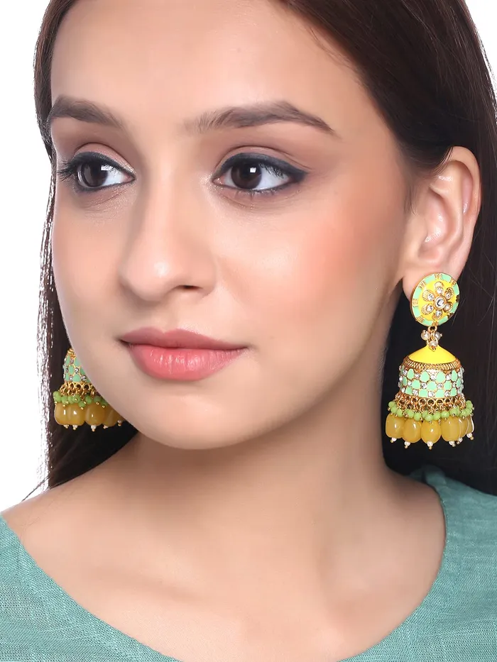 Bracelets Yellow Chimes Yellow Chimes Traditional Gold Toned Yellow Floral Design Pearl Meenakari Jhumka Jhumki Earrings for Women and Girls Medium YCTJER92MNKJHKYL
