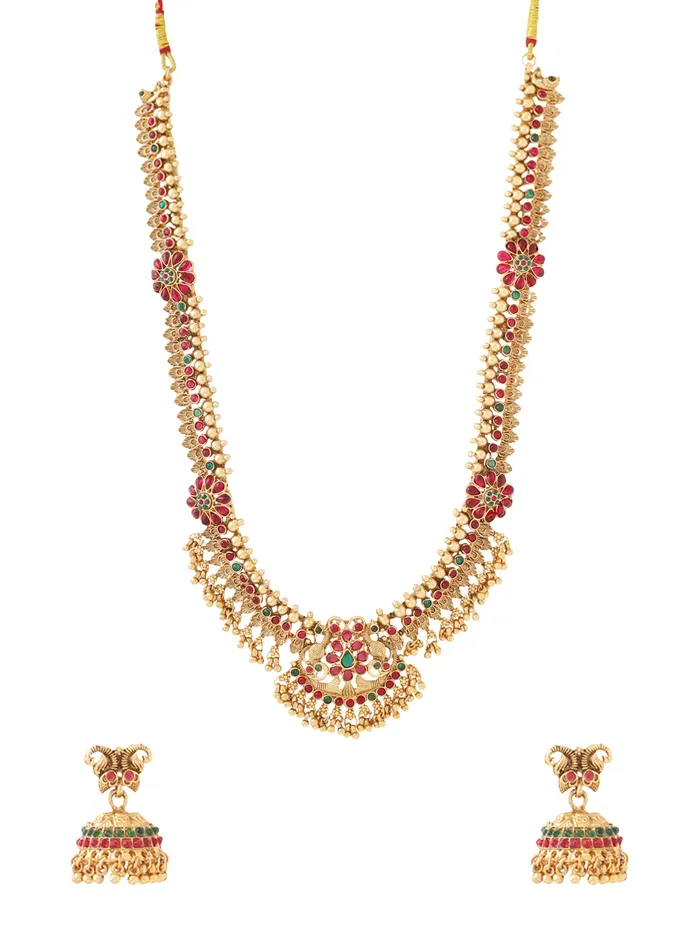 Bridal Jewellery Set Golden Long Necklace Set with Traditional Design Adjustable 36 cm Gold Yellow Chimes Necklaces Bridal Jewellery Set Golden Long Necklace Set with Traditional Design Adjustable 36 cm Gold Yellow Chimes Necklaces