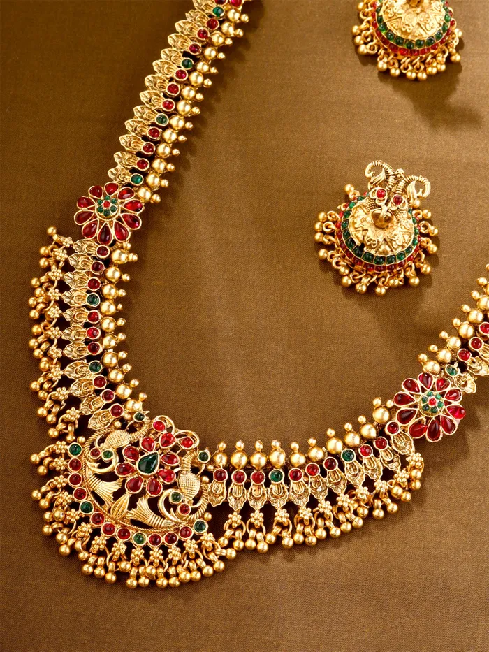 Bridal Jewellery Set Golden Long Necklace Set with Traditional Design Adjustable 36 cm Gold Yellow Chimes Necklaces