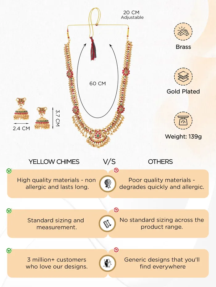 Bridal Jewellery Set Golden Long Necklace Set with Traditional Design Adjustable 36 cm Gold Yellow Chimes Necklaces