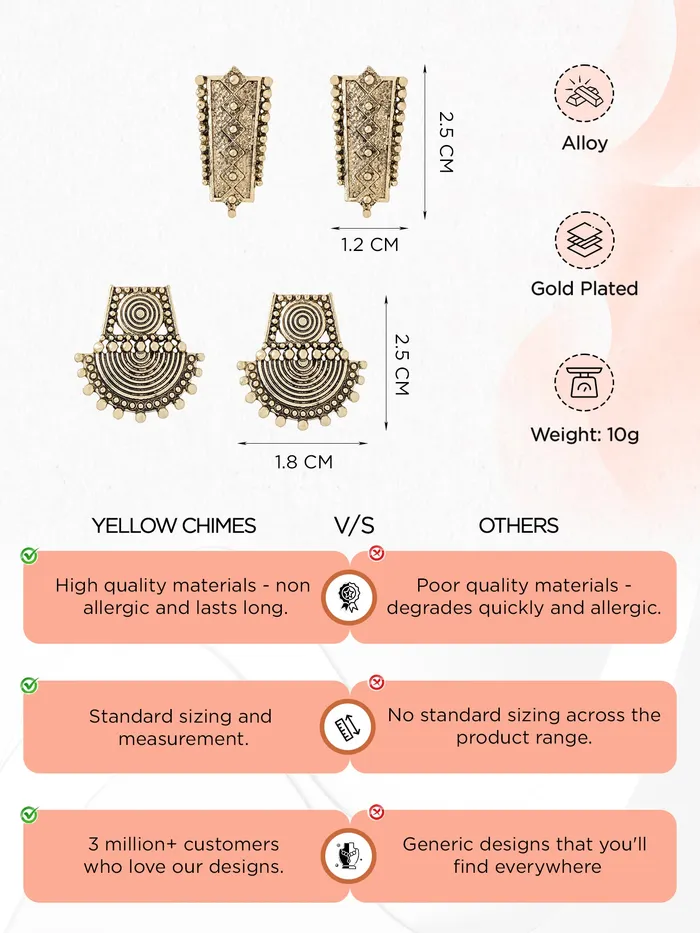 Combo 2 Pairs Golden Drop Earrings Elegant Versatile Pushback Closure Gold Yellow Chimes Earrings