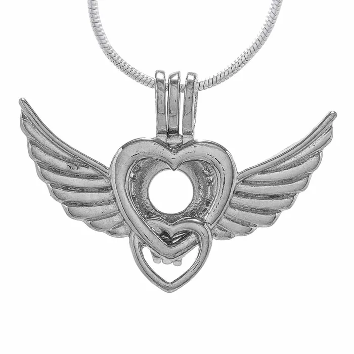 CPSP097 Necklaces Cage Pendant Silver Plated Double Heart Wings