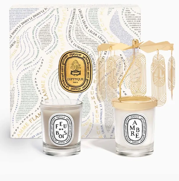 Earrings HOLIDAY CAROUSEL Ambre Amber Feu de Bois Wood Fire small candle set Diptyque
