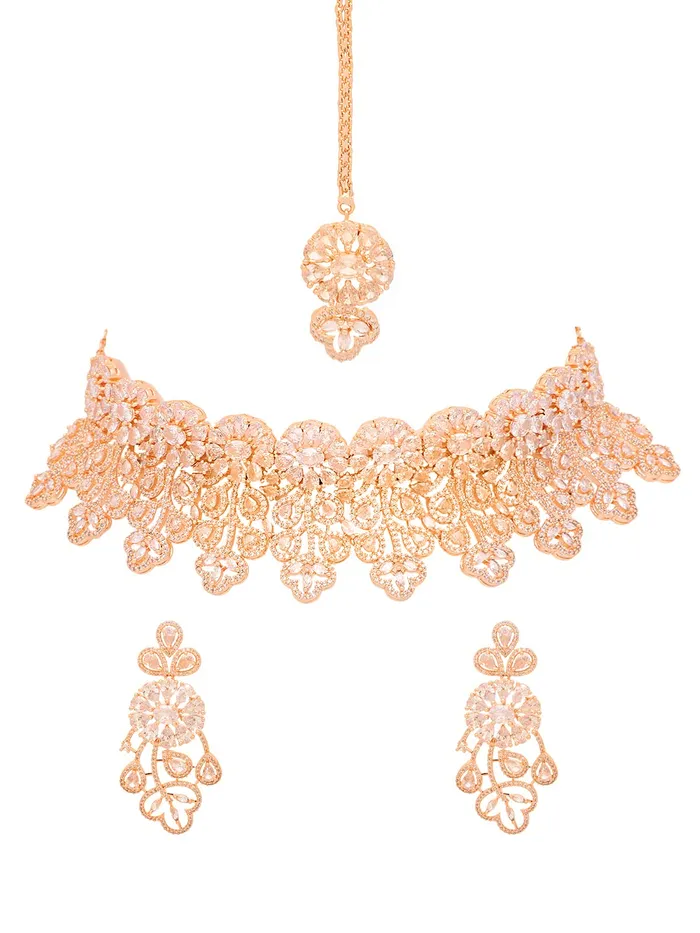 Earrings Yellow Chimes American Diamond Jewellery Set for Women Rosegold Plated Bridal Wedding White AD Jewellery Necklace Set with Maang Tikka for Women and Girls Yellow Chimes Earrings Yellow Chimes American Diamond Jewellery Set for Women Rosegold Plated Bridal Wedding White AD Jewellery Necklace Set with Maang Tikka for Women and Girls Yellow Chimes