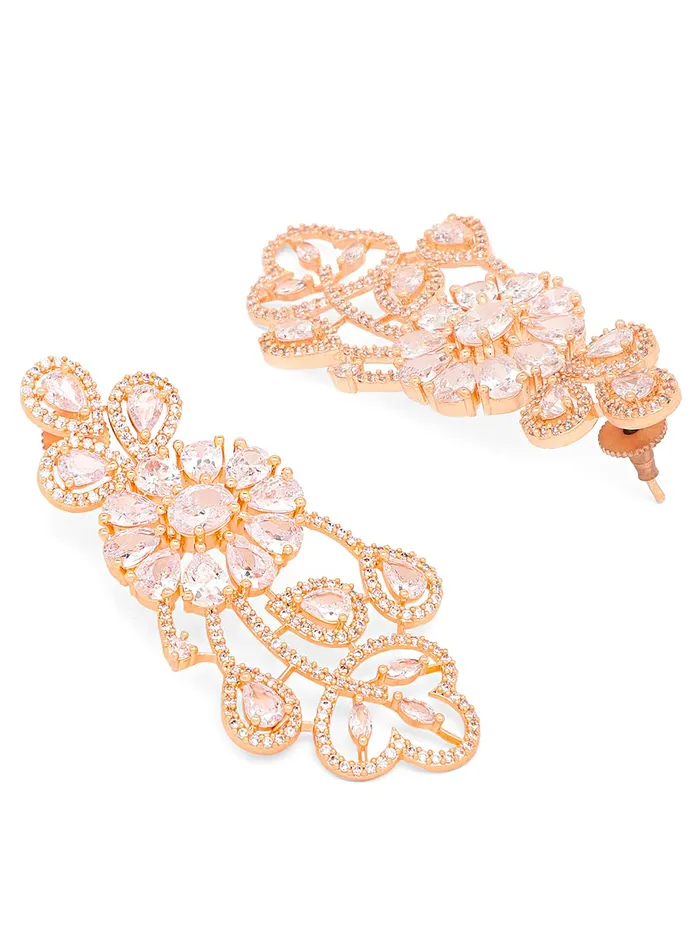 Earrings Yellow Chimes American Diamond Jewellery Set for Women Rosegold Plated Bridal Wedding White AD Jewellery Necklace Set with Maang Tikka for Women and Girls Yellow Chimes