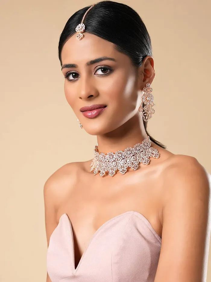 Earrings Yellow Chimes American Diamond Jewellery Set for Women Rosegold Plated Bridal Wedding White AD Jewellery Necklace Set with Maang Tikka for Women and Girls Yellow Chimes