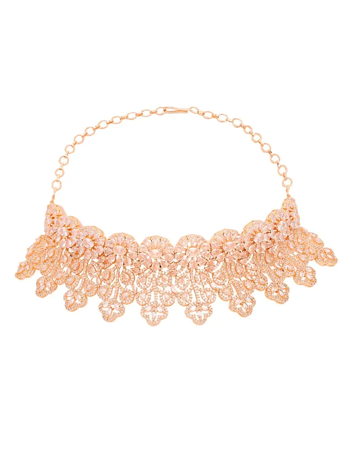 Earrings Yellow Chimes American Diamond Jewellery Set for Women Rosegold Plated Bridal Wedding White AD Jewellery Necklace Set with Maang Tikka for Women and Girls Yellow Chimes
