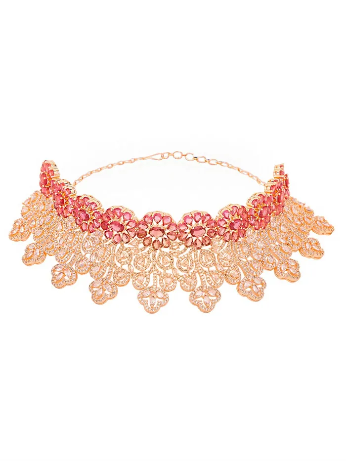 Earrings Yellow Chimes American Diamond Jewellery Set for Women Rosegold Plated Bridal Wedding White AD Jewellery Necklace Set with Maang Tikka for Women and Girls Yellow Chimes