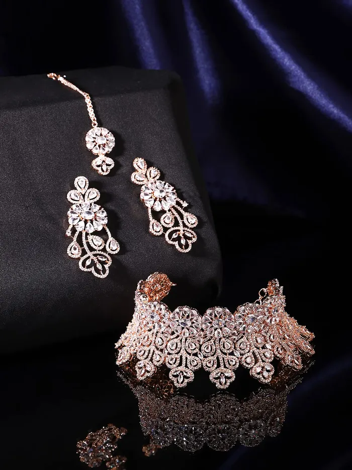 Earrings Yellow Chimes American Diamond Jewellery Set for Women Rosegold Plated Bridal Wedding White AD Jewellery Necklace Set with Maang Tikka for Women and Girls Yellow Chimes