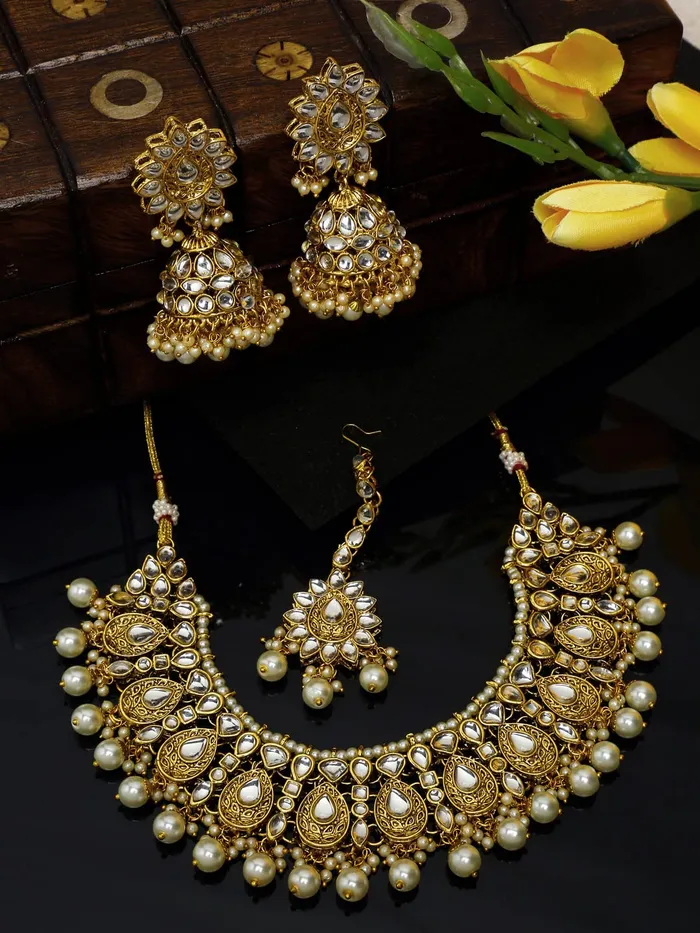 Earrings Yellow Chimes Kundan Jewellery Set for Women Gold Plated Traditional Kundan Necklace Set with Maang Tikka For Women And Girls Yellow Chimes