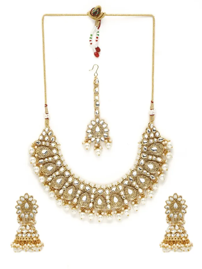 Earrings Yellow Chimes Kundan Jewellery Set for Women Gold Plated Traditional Kundan Necklace Set with Maang Tikka For Women And Girls Yellow Chimes