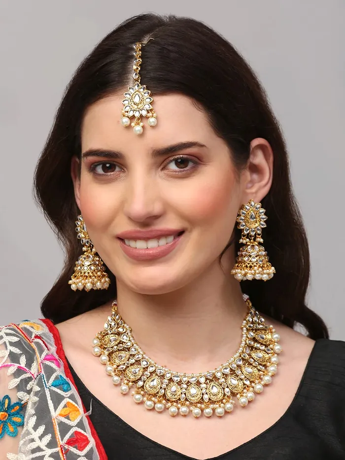 Earrings Yellow Chimes Kundan Jewellery Set for Women Gold Plated Traditional Kundan Necklace Set with Maang Tikka For Women And Girls Yellow Chimes