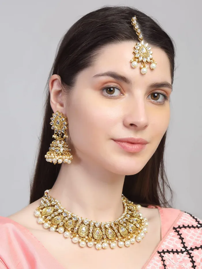 Earrings Yellow Chimes Kundan Jewellery Set for Women Gold Plated Traditional Kundan Necklace Set with Maang Tikka For Women And Girls Yellow Chimes