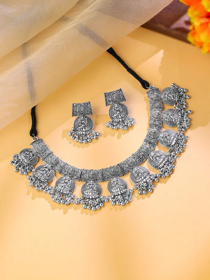 Earrings Yellow Chimes Silver Oxidised Jewellery Set Choker Earrings Oxidised Silver One Size