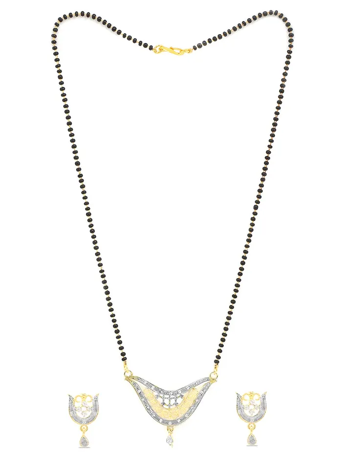 Earrings Yellow Chimes Sparkling ADAmerican Diamond Studded Ethnic Traditional Black Beads Designer Mangalsutra Pendant Set with Earrings for Women Yellow Chimes