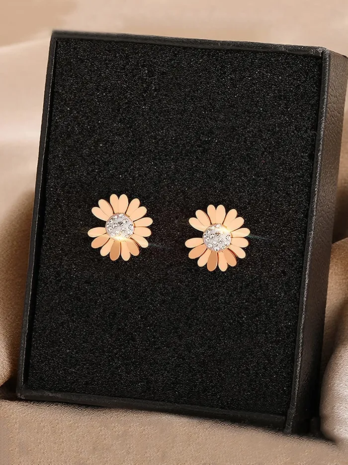 Earrings Yellow Chimes Stud Earrings for Women Western Rose Gold Plated Stainless Steel White StoneStudded Floral Studs Earrings For Women and Girls Yellow Chimes