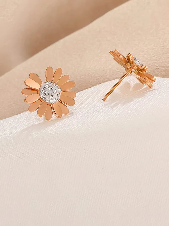 Earrings Yellow Chimes Stud Earrings for Women Western Rose Gold Plated Stainless Steel White StoneStudded Floral Studs Earrings For Women and Girls Yellow Chimes