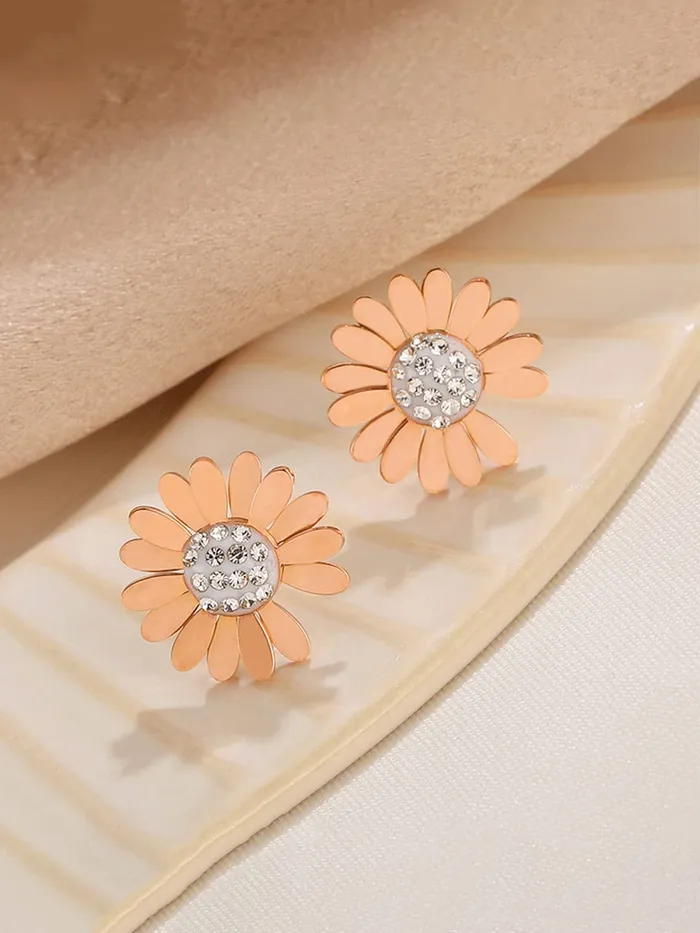 Earrings Yellow Chimes Stud Earrings for Women Western Rose Gold Plated Stainless Steel White StoneStudded Floral Studs Earrings For Women and Girls Yellow Chimes