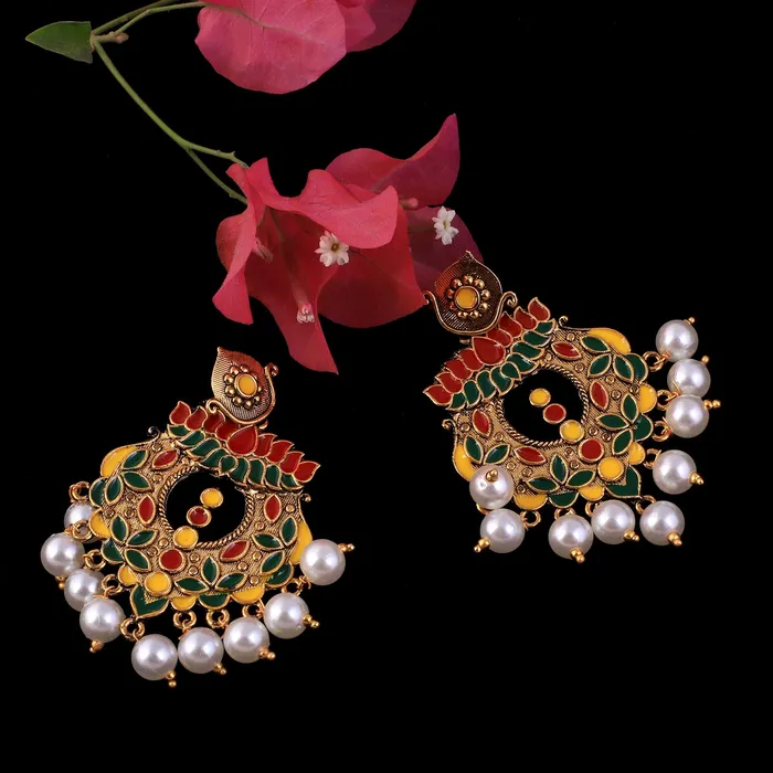 Earrings Yellow Chimes Yellow Chimes Beautifully Enamelled Stylish Gold Plated Meenakari Chandbali Earrings for Women and Girls