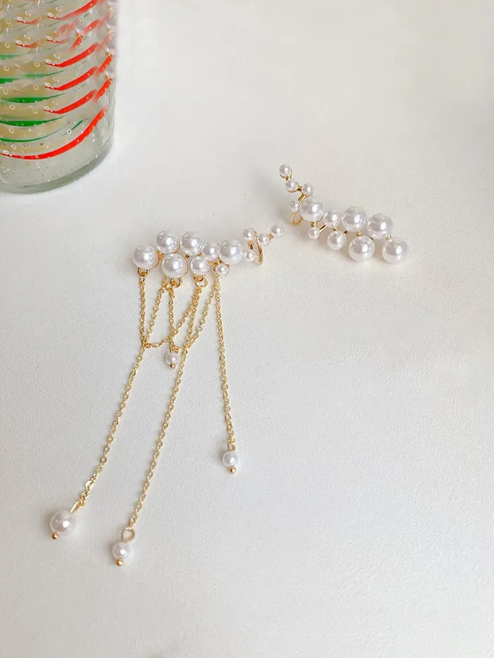 Earrings Yellow Chimes Yellow Chimes Earrings For Women Gold Tone One Side Pearl Beaded Stud and Other Side Pearl Stud With Chain Fringe Dangler Earrings For Women and Girls