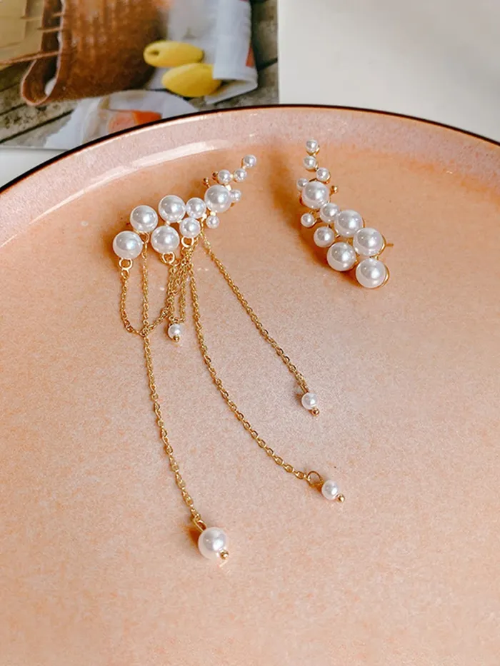 Earrings Yellow Chimes Yellow Chimes Earrings For Women Gold Tone One Side Pearl Beaded Stud and Other Side Pearl Stud With Chain Fringe Dangler Earrings For Women and Girls