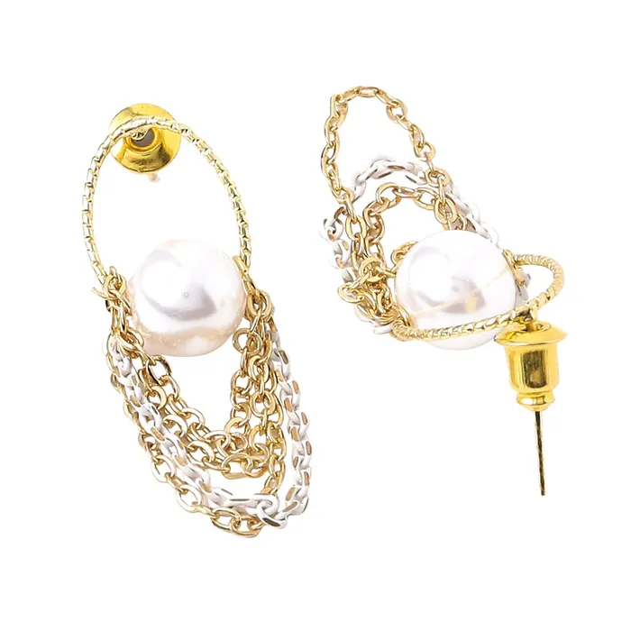 Earrings Yellow Chimes Yellow Chimes Earrings For Women Gold Tone Triple Layered Chain Pearl Stud Drop Earrings For Women and Girls