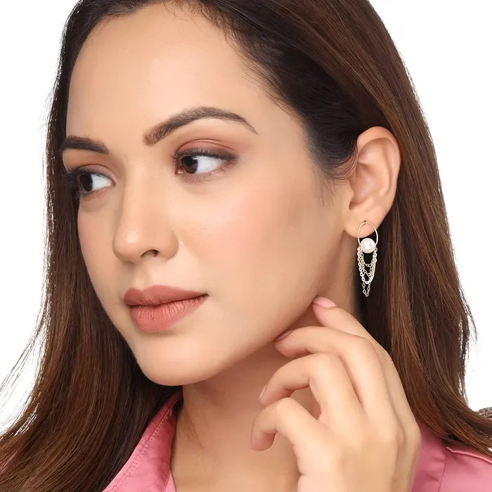 Earrings Yellow Chimes Yellow Chimes Earrings For Women Gold Tone Triple Layered Chain Pearl Stud Drop Earrings For Women and Girls