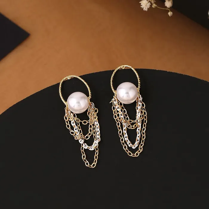 Earrings Yellow Chimes Yellow Chimes Earrings For Women Gold Tone Triple Layered Chain Pearl Stud Drop Earrings For Women and Girls