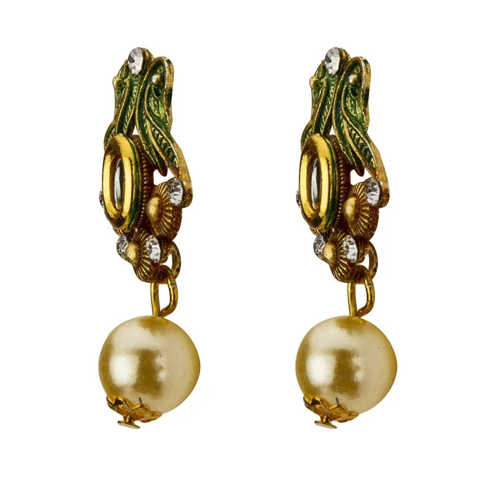 Earrings Yellow Chimes Yellow Chimes Exclusive Traditional Peacock Desaign Pearl Kundan Necklace With Drop Earrings For Women