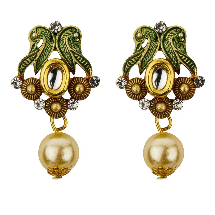 Earrings Yellow Chimes Yellow Chimes Exclusive Traditional Peacock Desaign Pearl Kundan Necklace With Drop Earrings For Women