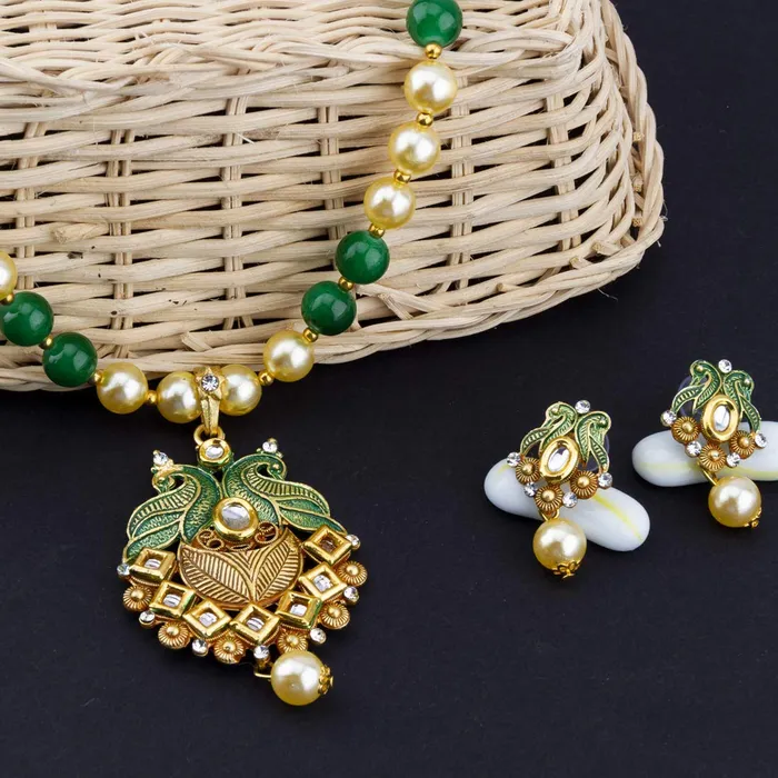 Earrings Yellow Chimes Yellow Chimes Exclusive Traditional Peacock Desaign Pearl Kundan Necklace With Drop Earrings For Women
