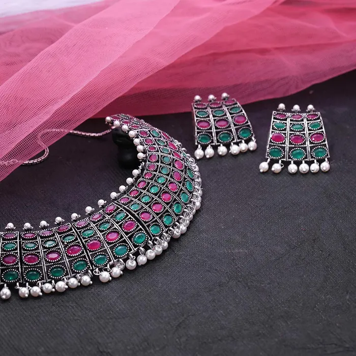 Earrings Yellow Chimes Yellow Chimes German Oxidised Silver Studded Stones Statement Style Royal Looks Designer Choker Necklace Set With Earrings for Women and Girls