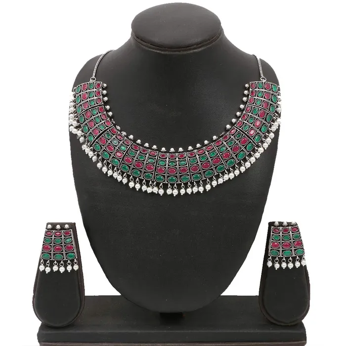Earrings Yellow Chimes Yellow Chimes German Oxidised Silver Studded Stones Statement Style Royal Looks Designer Choker Necklace Set With Earrings for Women and Girls