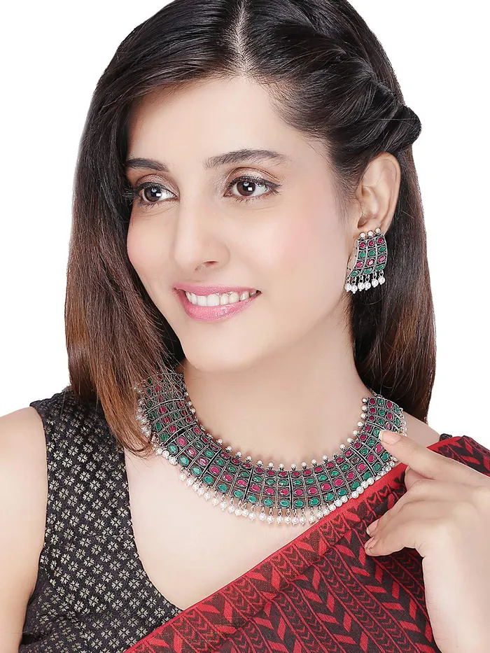 Earrings Yellow Chimes Yellow Chimes German Oxidised Silver Studded Stones Statement Style Royal Looks Designer Choker Necklace Set With Earrings for Women and Girls