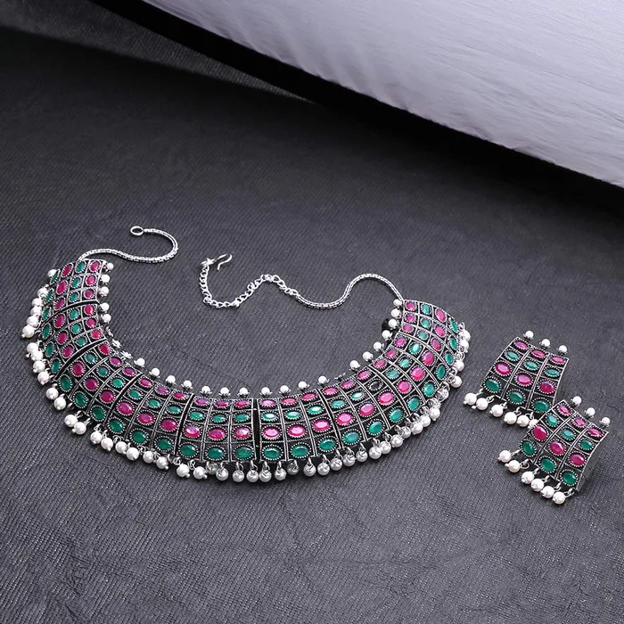 Earrings Yellow Chimes Yellow Chimes German Oxidised Silver Studded Stones Statement Style Royal Looks Designer Choker Necklace Set With Earrings for Women and Girls