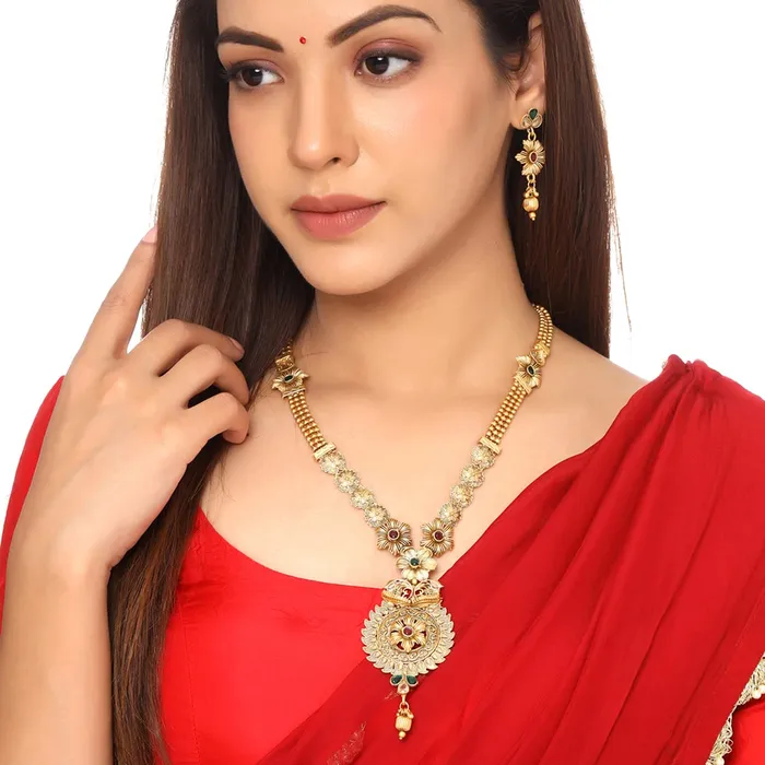 Earrings Yellow Chimes Yellow Chimes Jewellery Set For Women Gold Plated Floral Designed Traditional Rani Haar Necklace Set For Women and Girls
