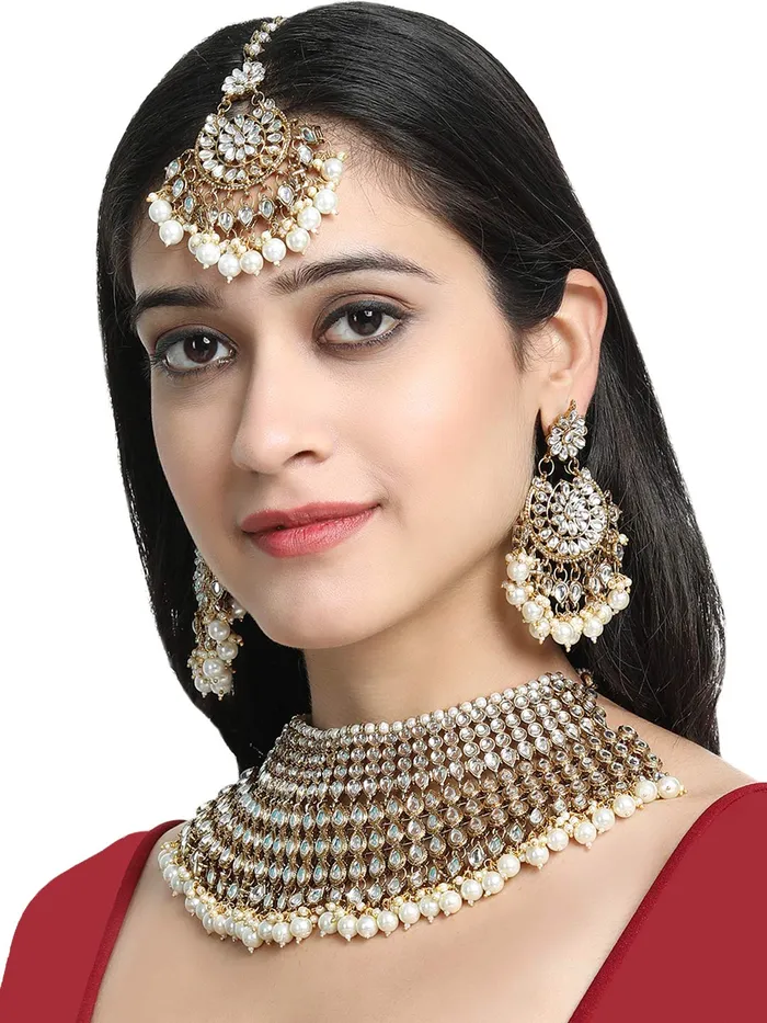 Earrings Yellow Chimes Yellow Chimes Kundan Bridal Jewellery Set Gold Plated Traditional White Choker Necklace Set for Women Girls
