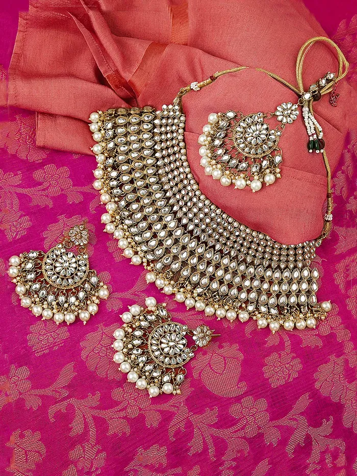 Earrings Yellow Chimes Yellow Chimes Kundan Bridal Jewellery Set Gold Plated Traditional White Choker Necklace Set for Women Girls