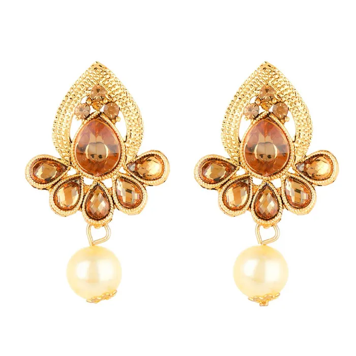 Earrings Yellow Chimes Yellow Chimes Kundan Studded Gold Plated Necklace Jewellery Set Pearl Mala Pendant Set for Women and Girls