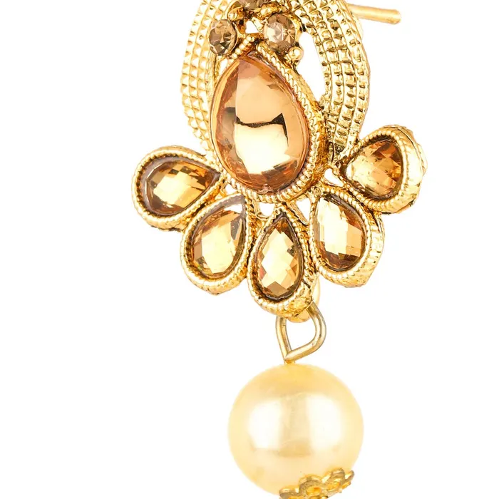 Earrings Yellow Chimes Yellow Chimes Kundan Studded Gold Plated Necklace Jewellery Set Pearl Mala Pendant Set for Women and Girls