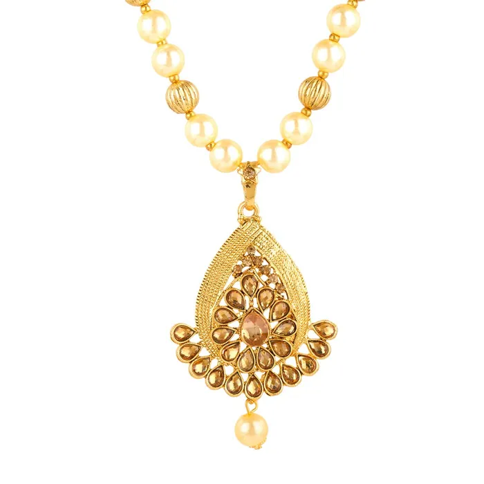 Earrings Yellow Chimes Yellow Chimes Kundan Studded Gold Plated Necklace Jewellery Set Pearl Mala Pendant Set for Women and Girls