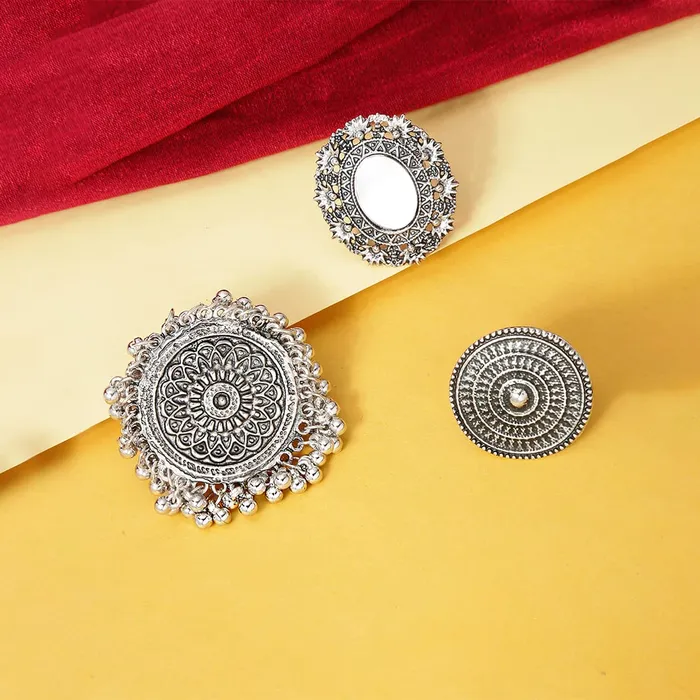 Earrings Yellow Chimes Yellow Chimes Oxidised Rings for Women 3 PCS Combo Ring Set Artistic Crafted Oxidised Silver Rings for Women and Girls