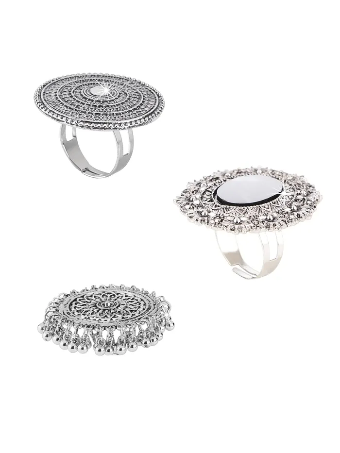 Earrings Yellow Chimes Yellow Chimes Oxidised Rings for Women 3 PCS Combo Ring Set Artistic Crafted Oxidised Silver Rings for Women and Girls