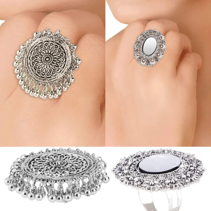 Earrings Yellow Chimes Yellow Chimes Oxidised Rings for Women 3 PCS Combo Ring Set Artistic Crafted Oxidised Silver Rings for Women and Girls